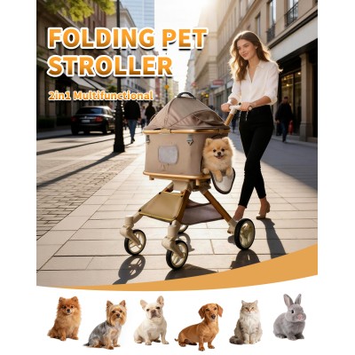 SteAnny Stroller for Dog&Cat,Pet Stroller with 4-Wheels Up to 55lbs, 2-in-1Removable Carrier(Khaki)