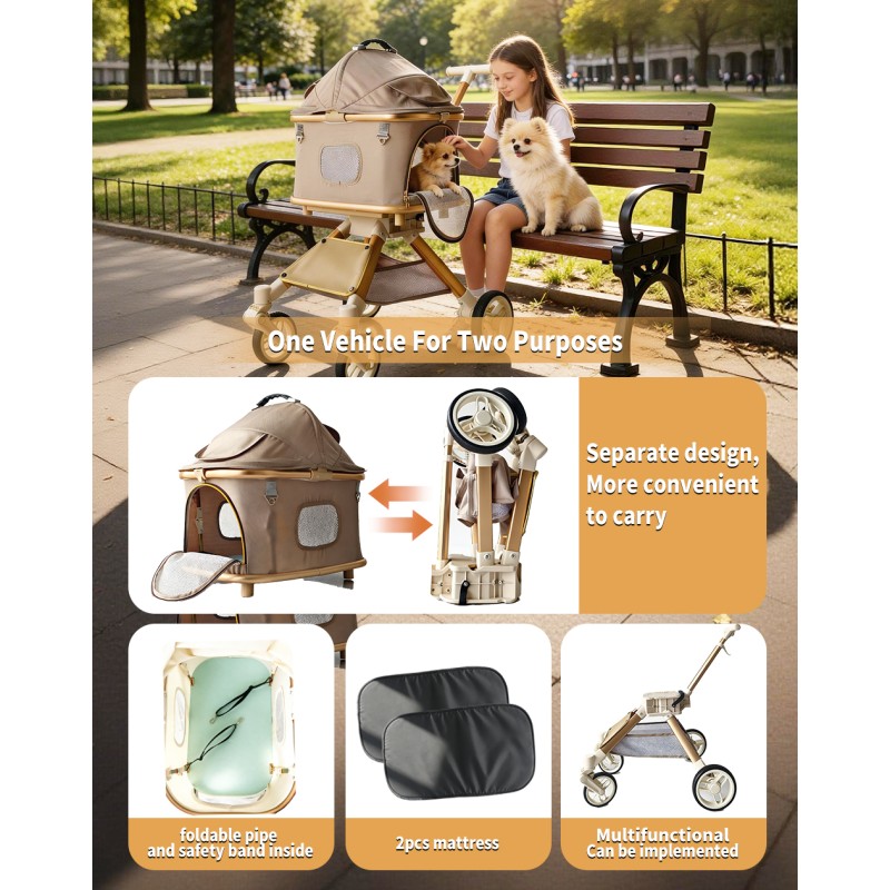 SteAnny Stroller for Dog&Cat,Pet Stroller with 4-Wheels Up to 55lbs, 2-in-1Removable Carrier(Khaki)
