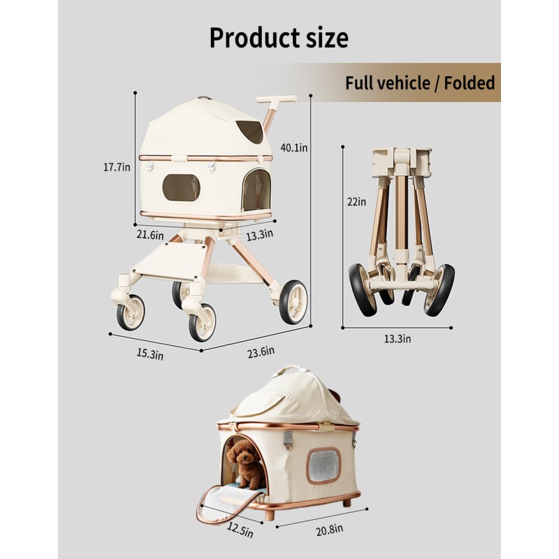 SteAnny Stroller for Dog&Cat,Pet Stroller with 4-Wheels Up to 55lbs, 2-in-1Removable Carrier(Khaki)