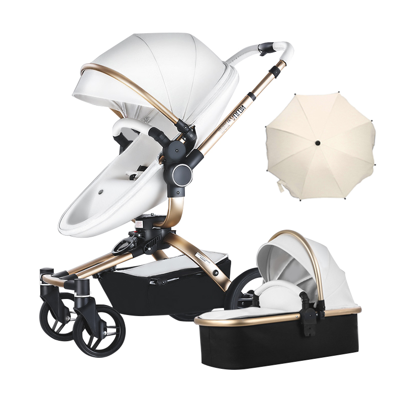 AULON™ 2022 Baby Stroller 2-In-1 PU Leather Pram Seat With Bassinet