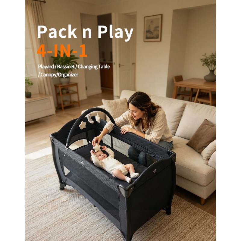 Pack 'n Play, Foldable Playard with Wheels & Changing Table, Suitable for Newborns to Toddlers( black)