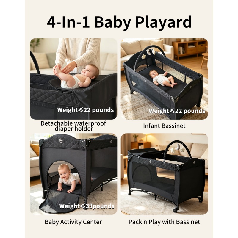 Pack 'n Play, Foldable Playard with Wheels & Changing Table, Suitable for Newborns to Toddlers( black)