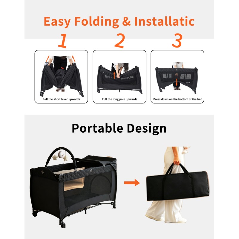 Pack 'n Play, Foldable Playard with Wheels & Changing Table, Suitable for Newborns to Toddlers( black)