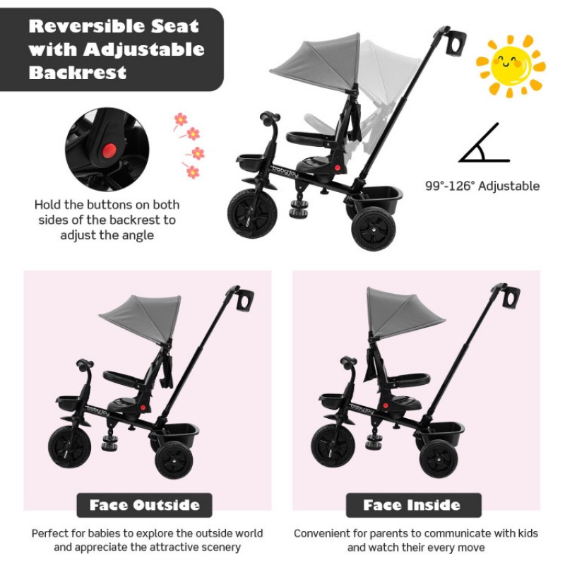 4-in-1 Reversible Toddler Tricycle with Height Adjustable Push Handle