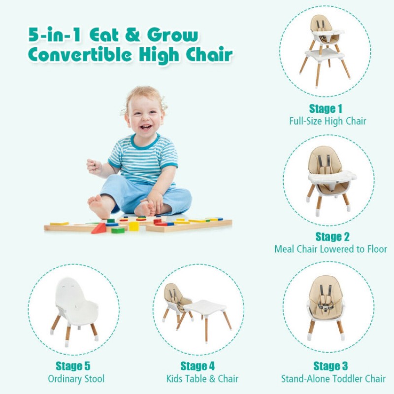 5-in-1 Baby Eat and Grow Convertible Wooden High Chair with Detachable Tray