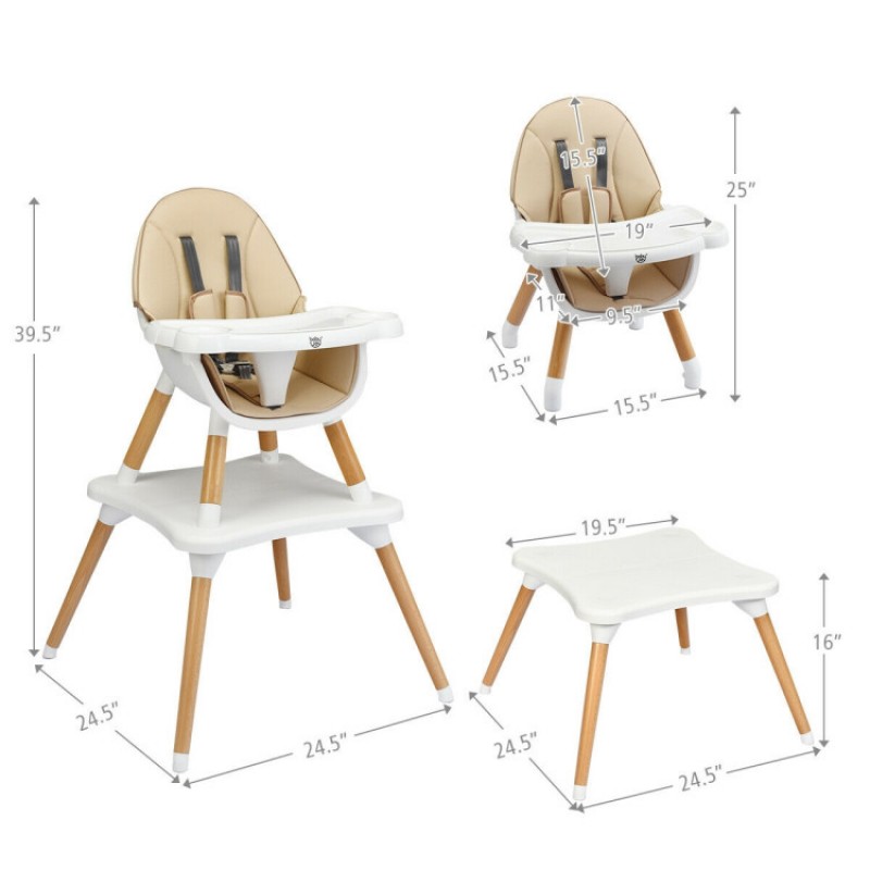 5-in-1 Baby Eat and Grow Convertible Wooden High Chair with Detachable Tray