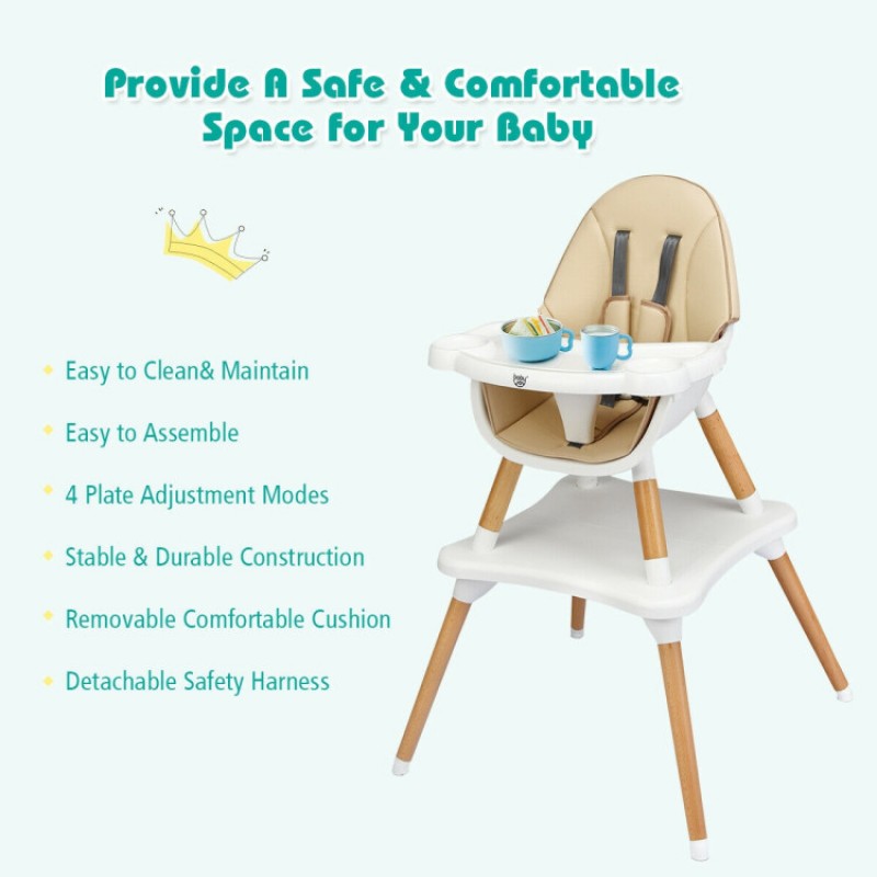 5-in-1 Baby Eat and Grow Convertible Wooden High Chair with Detachable Tray