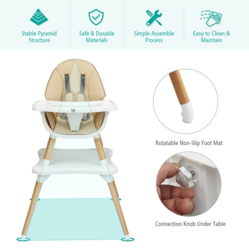 5-in-1 Baby Eat and Grow Convertible Wooden High Chair with Detachable Tray