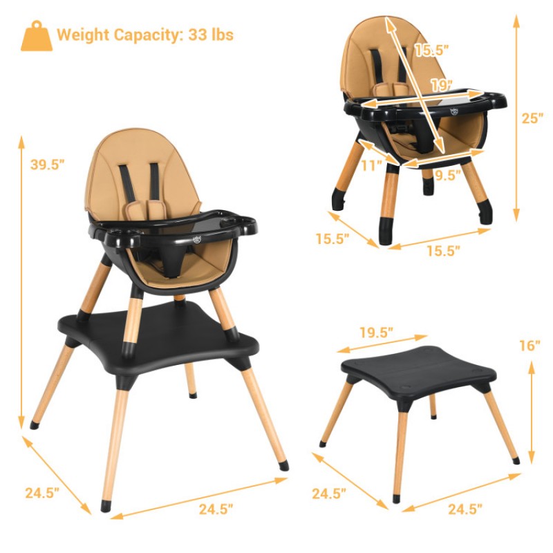 5-in-1 Baby Eat and Grow Convertible Wooden High Chair with Detachable Tray