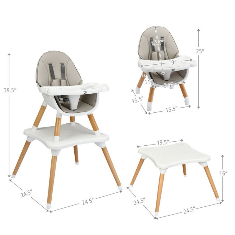 5-in-1 Baby Eat and Grow Convertible Wooden High Chair with Detachable Tray