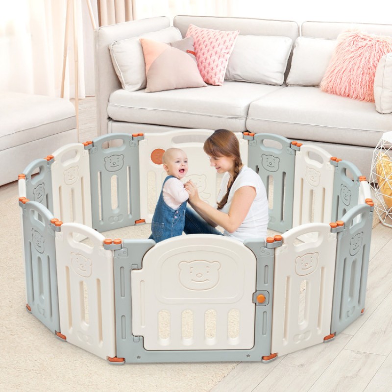 14-Panel Foldable Baby Playpen with Lockable Gate and Non-slip Bases 14-Panel Foldable Baby Playpen with Lockable Gate and Non-slip Bases