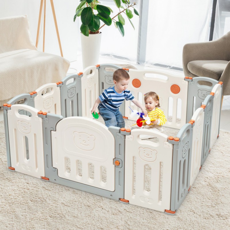 14-Panel Foldable Baby Playpen with Lockable Gate and Non-slip Bases 14-Panel Foldable Baby Playpen with Lockable Gate and Non-slip Bases