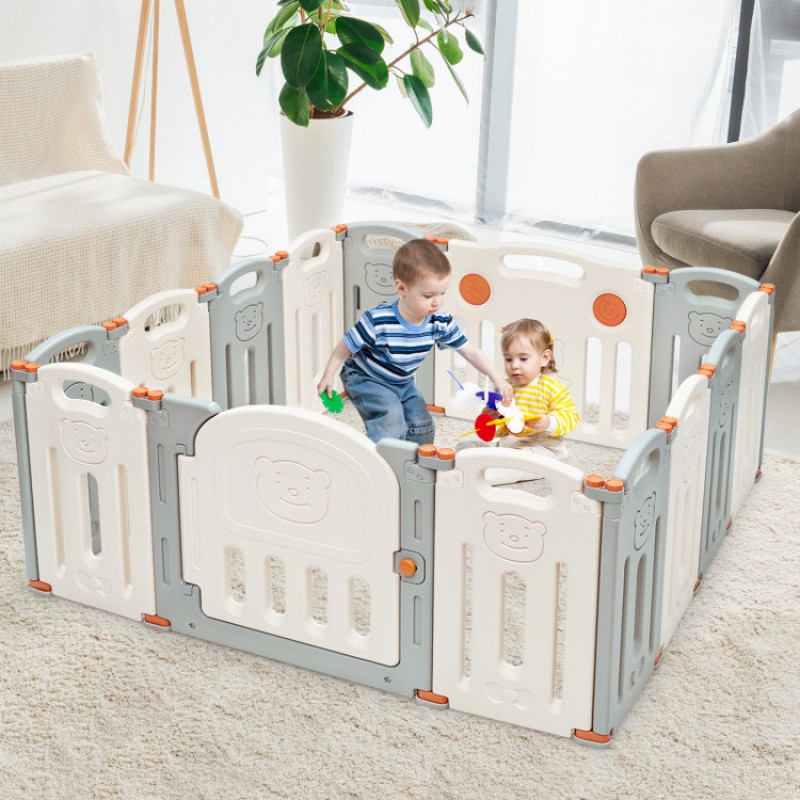 14-Panel Foldable Baby Playpen with Lockable Gate and Non-slip Bases