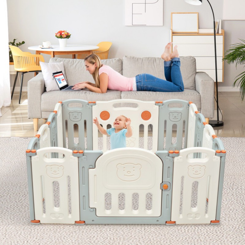 14-Panel Foldable Baby Playpen with Lockable Gate and Non-slip Bases 14-Panel Foldable Baby Playpen with Lockable Gate and Non-slip Bases
