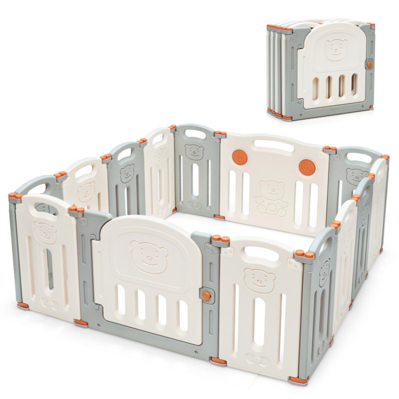 14-Panel Foldable Baby Playpen with Lockable Gate and Non-slip Bases 14-Panel Foldable Baby Playpen with Lockable Gate and Non-slip Bases