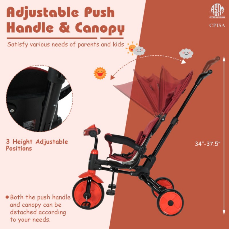 6-in-1 Foldable Baby Tricycle Toddler Stroller with Adjustable Handle