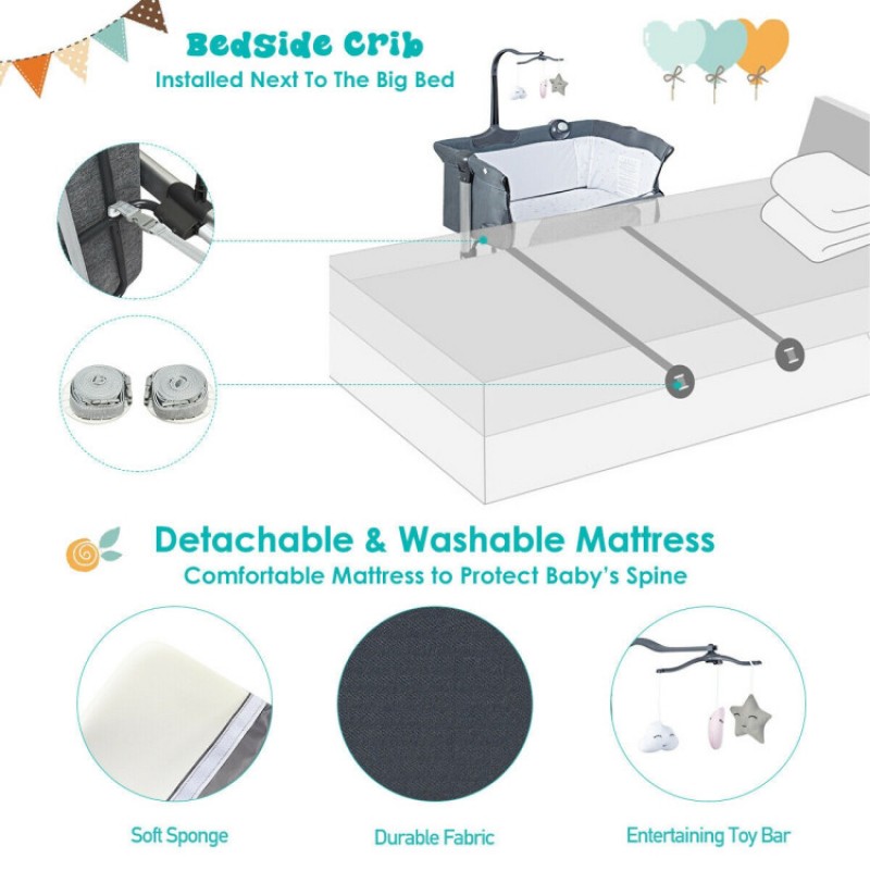 Height Adjustable Baby Side Crib with Music Box & Toys Height Adjustable Baby Side Crib with Music Box & Toys