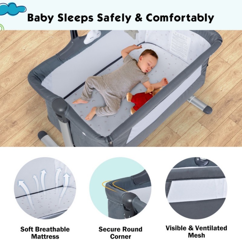 Height Adjustable Baby Side Crib with Music Box & Toys Height Adjustable Baby Side Crib with Music Box & Toys