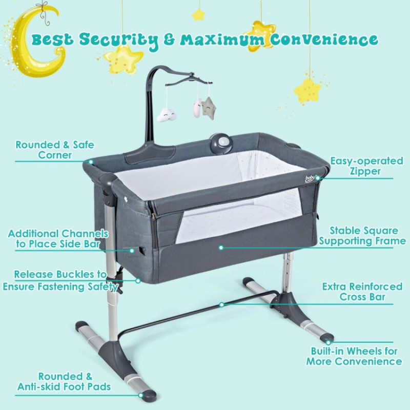 Height Adjustable Baby Side Crib with Music Box & Toys Height Adjustable Baby Side Crib with Music Box & Toys
