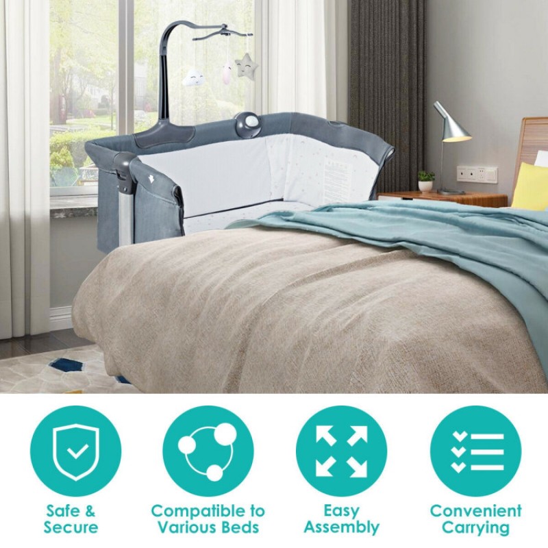 Height Adjustable Baby Side Crib with Music Box & Toys Height Adjustable Baby Side Crib with Music Box & Toys