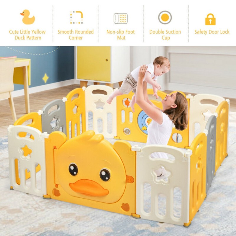 Portable Baby Playpen with Yellow Duck Pattern and Non-Slip Rubber Bases Portable Baby Playpen with Yellow Duck Pattern and Non-Slip Rubber Bases