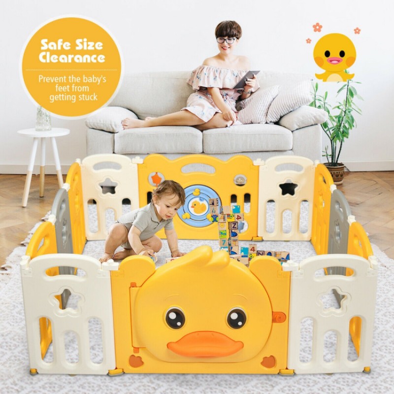 Portable Baby Playpen with Yellow Duck Pattern and Non-Slip Rubber Bases