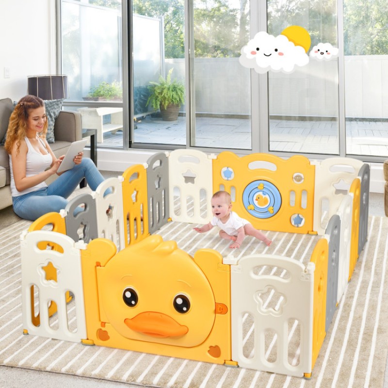 Portable Baby Playpen with Yellow Duck Pattern and Non-Slip Rubber Bases