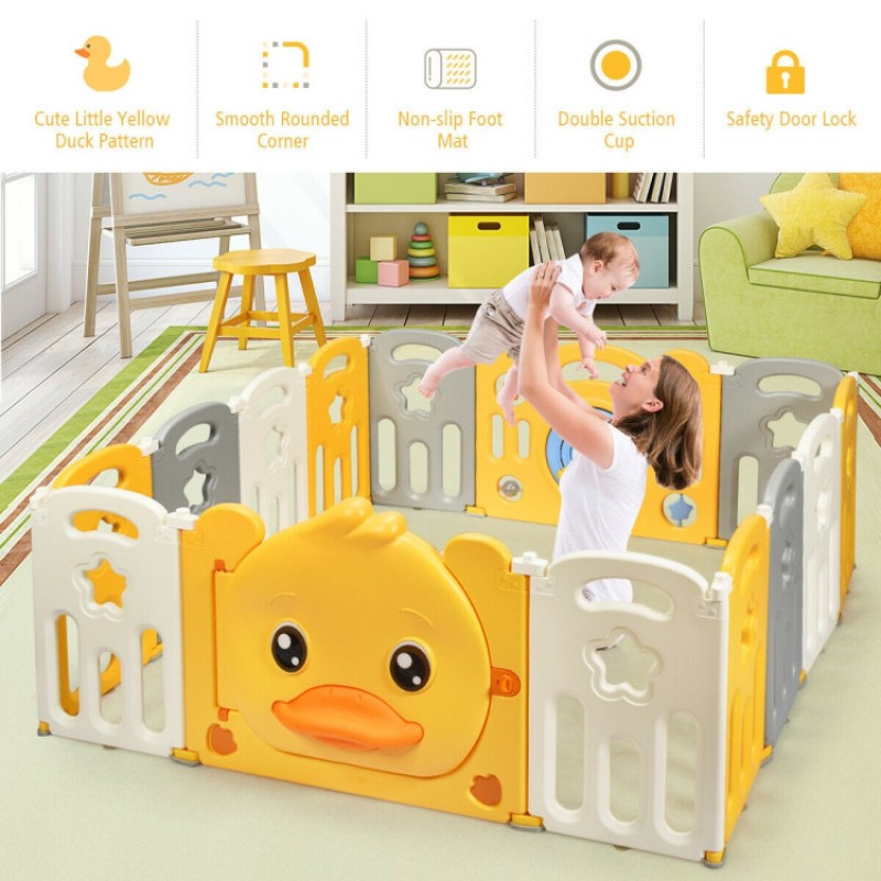 Portable Baby Playpen with Yellow Duck Pattern and Non-Slip Rubber Bases