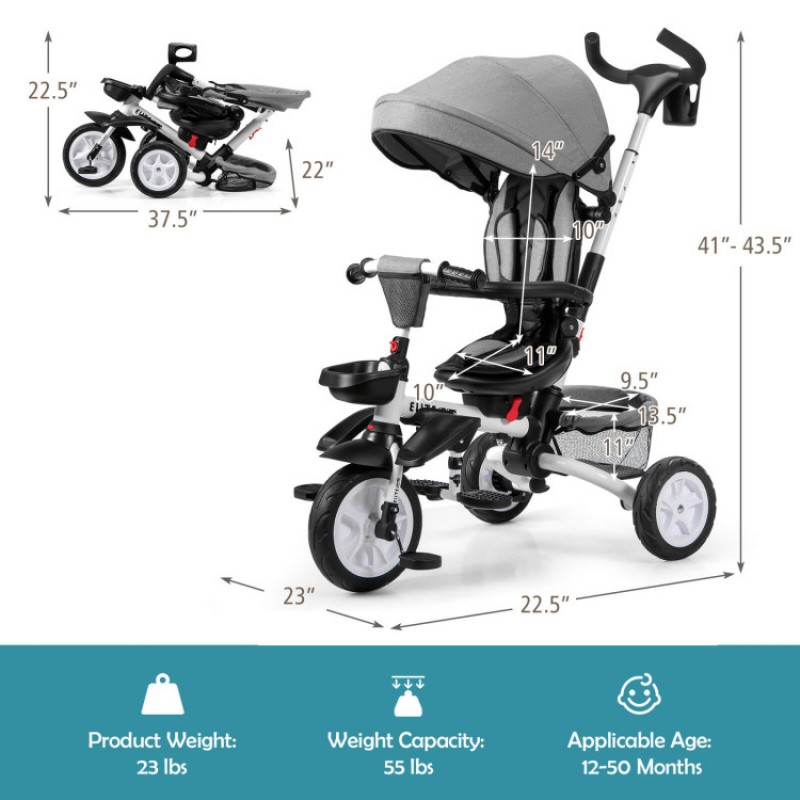 7-in-1 Detachable Baby Stroller with Canopy and Safety Harness