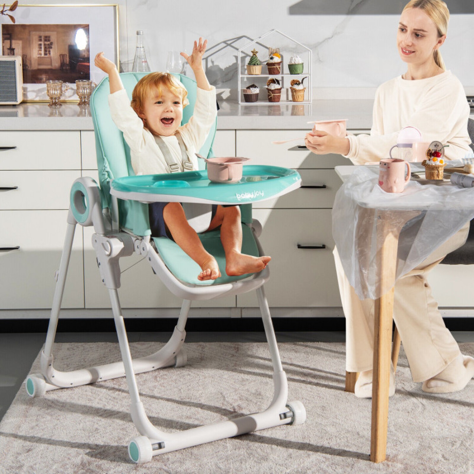 Baby High Chair Foldable Feeding Chair with 4 Lockable Wheels | SteAnny ...