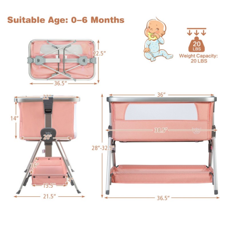 Portable Baby Bed Side Crib with 7 Height Positions