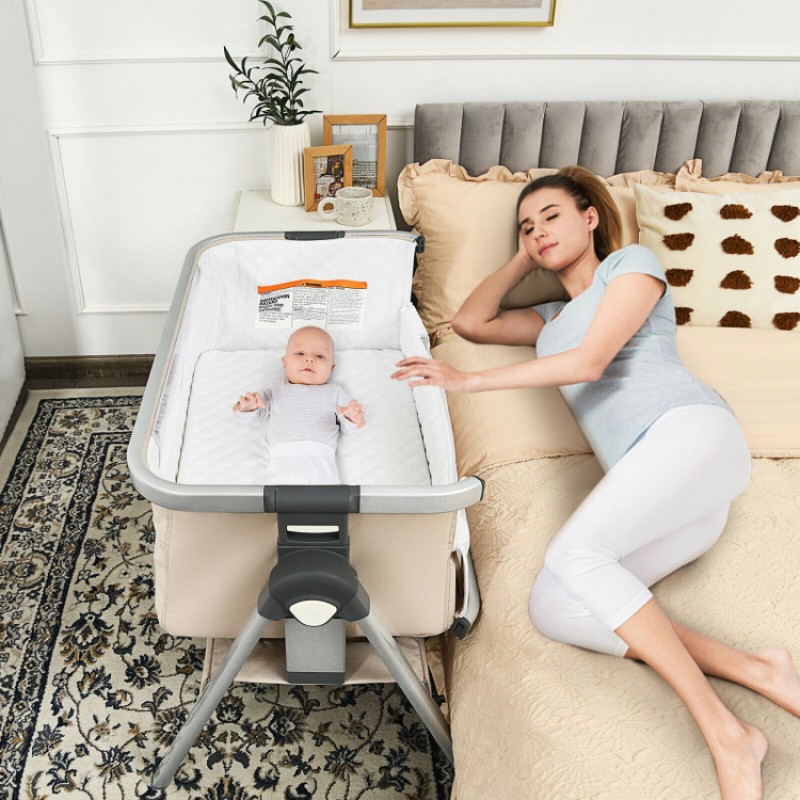 Baby Bedside Bassinet with Storage Basket and Wheels