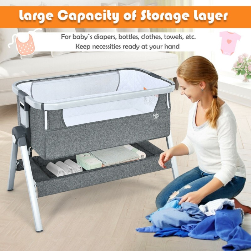 Baby Bedside Bassinet with Storage Basket and Wheels