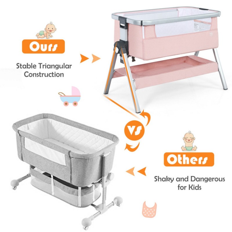 Baby Bedside Bassinet with Storage Basket and Wheels