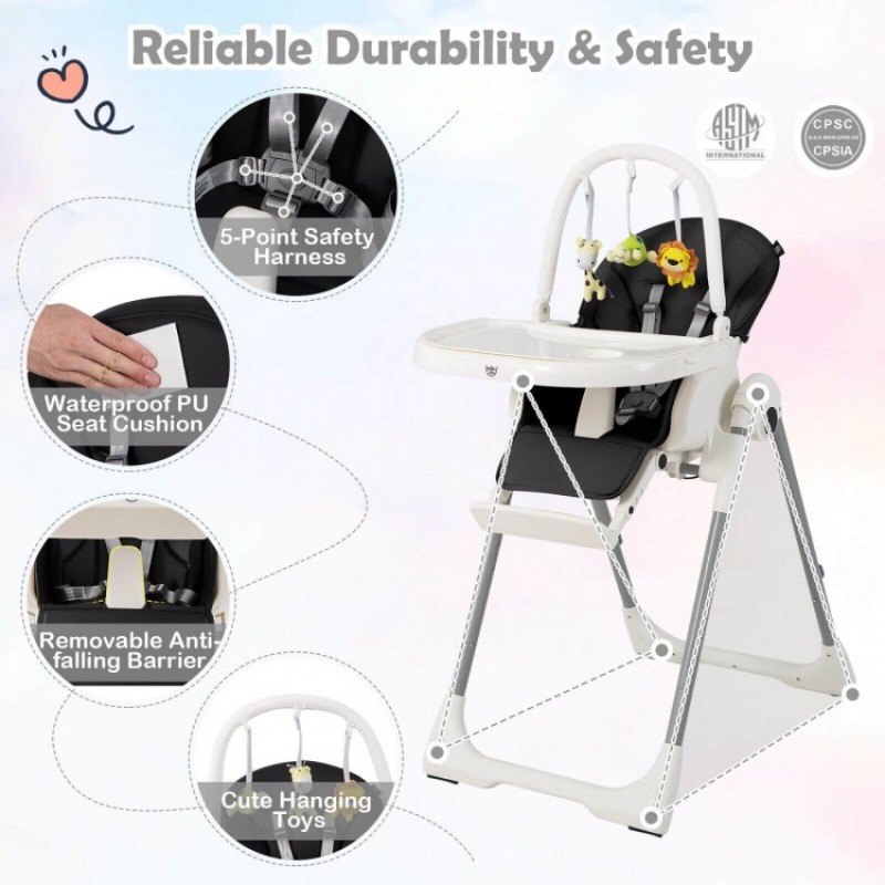 4-in-1 Foldable Baby High Chair with 7 Adjustable Heights and Free Toys Bar